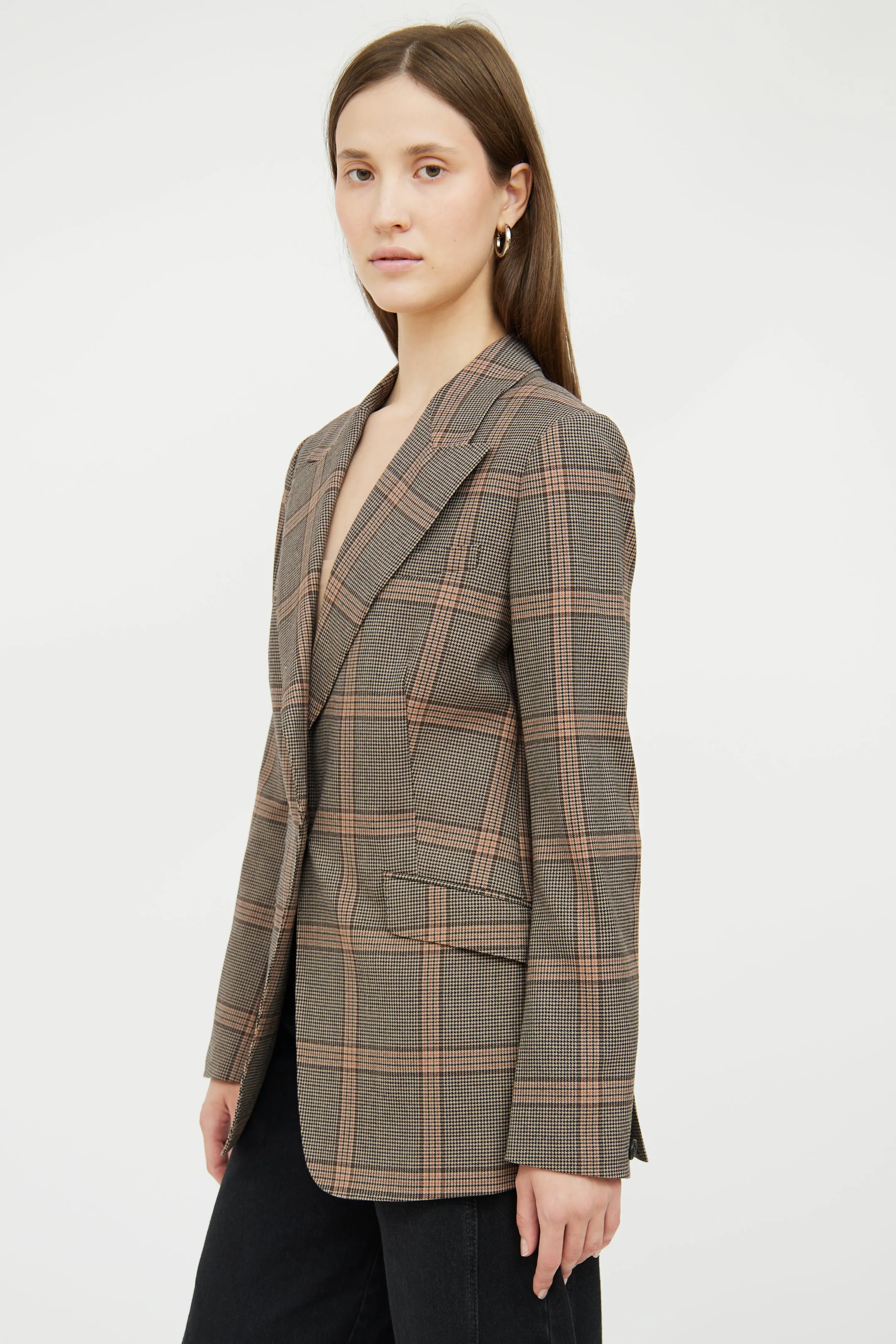 Brown Plaid Wool Blend Blazer