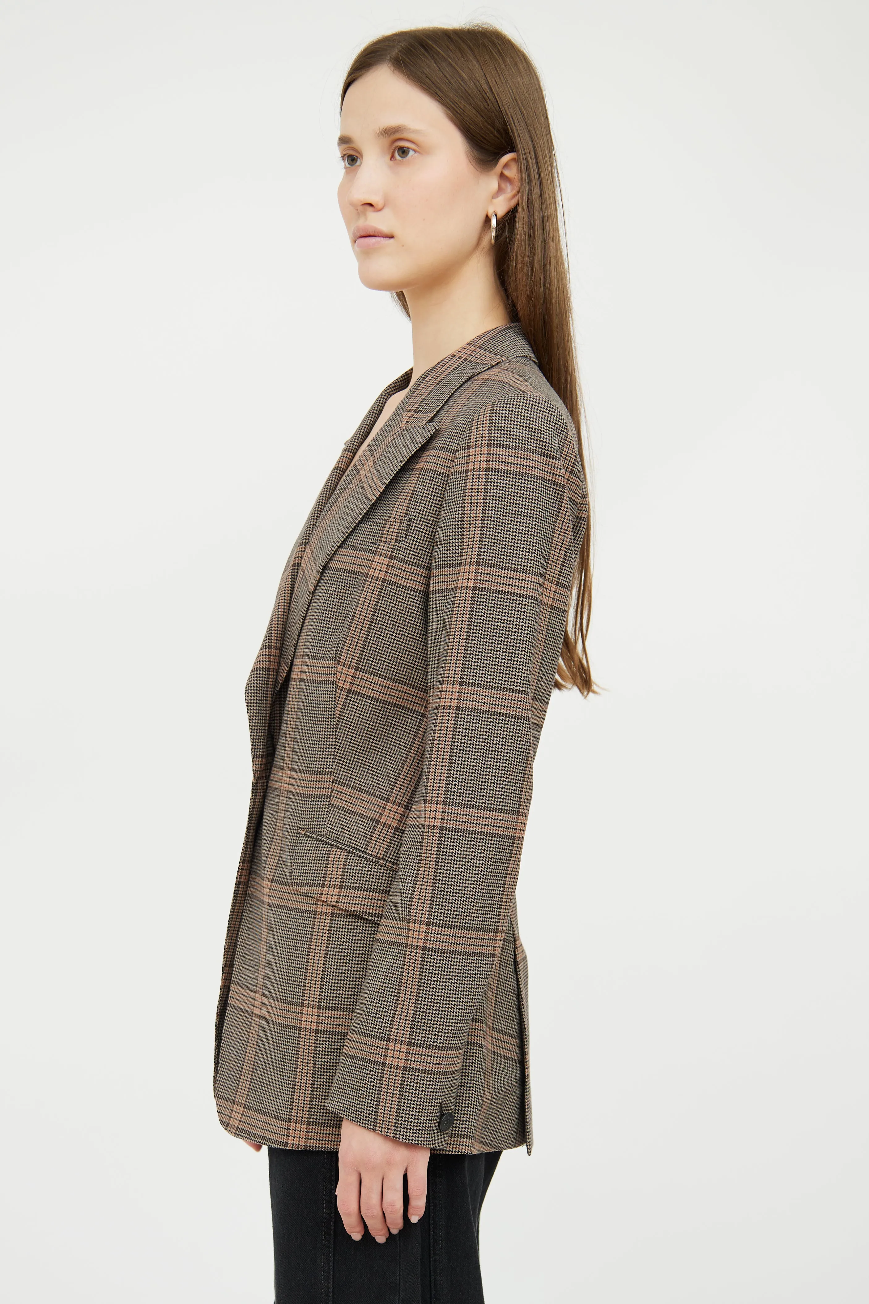 Brown Plaid Wool Blend Blazer