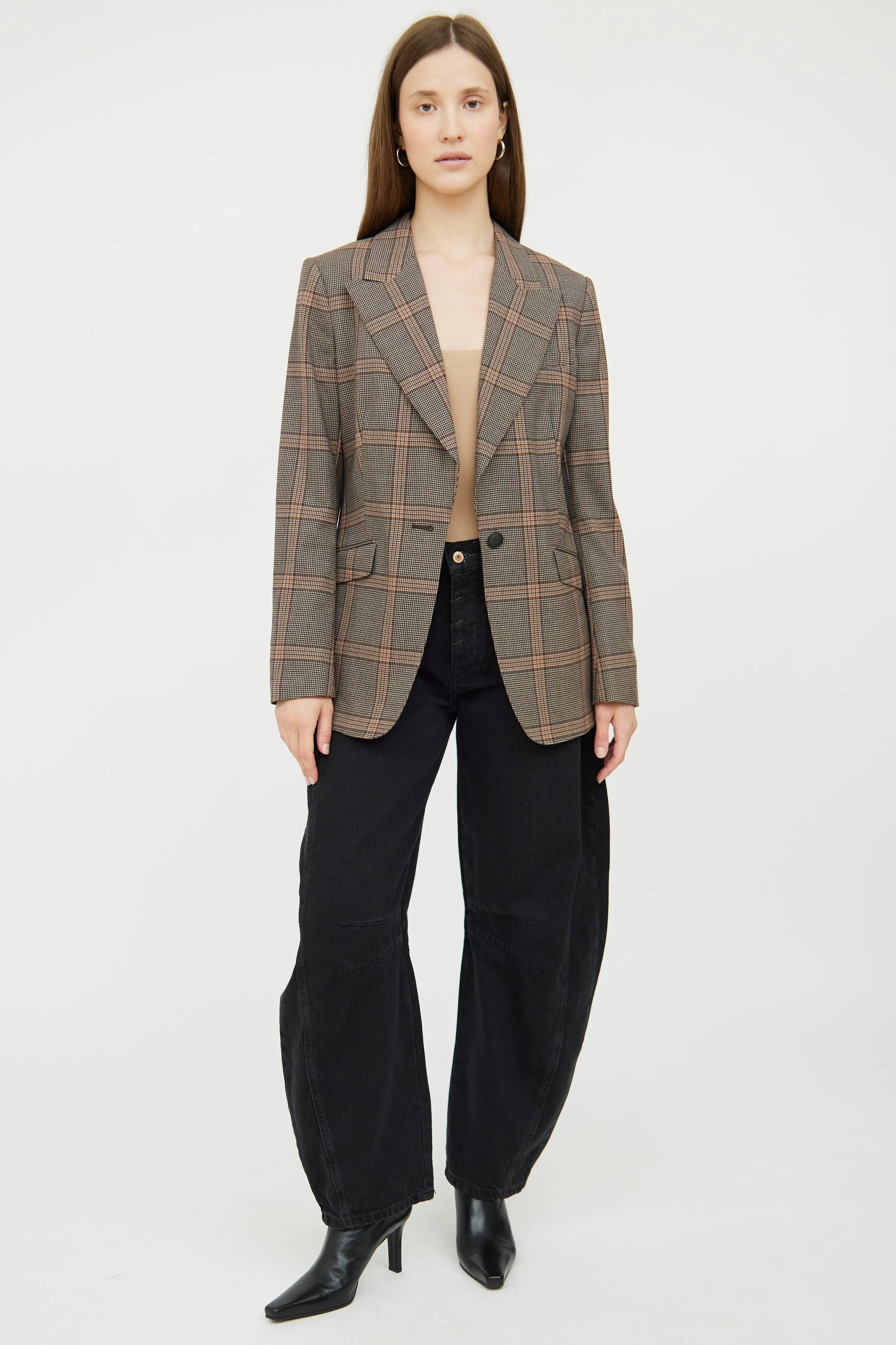Brown Plaid Wool Blend Blazer
