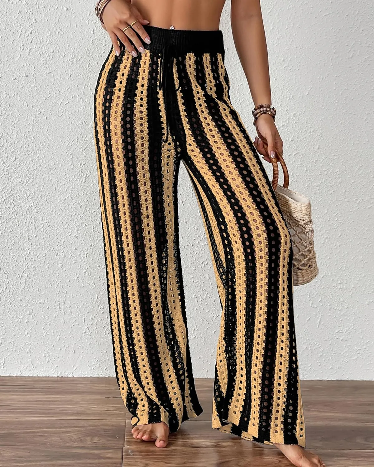 Bsubseach Womens Crochet Pants Beach Swimsuit Coverup Striped Wide Leg Pant Mesh Knit Cover up 2025 Summer Vacation Outfits