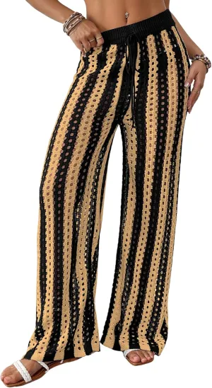 Bsubseach Womens Crochet Pants Beach Swimsuit Coverup Striped Wide Leg Pant Mesh Knit Cover up 2025 Summer Vacation Outfits