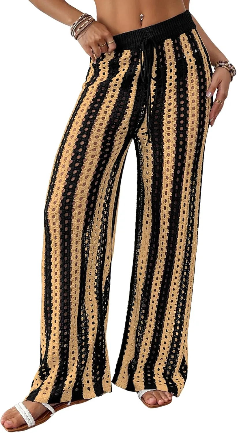 Bsubseach Womens Crochet Pants Beach Swimsuit Coverup Striped Wide Leg Pant Mesh Knit Cover up 2025 Summer Vacation Outfits