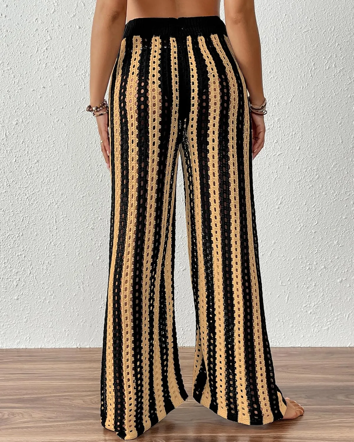 Bsubseach Womens Crochet Pants Beach Swimsuit Coverup Striped Wide Leg Pant Mesh Knit Cover up 2025 Summer Vacation Outfits