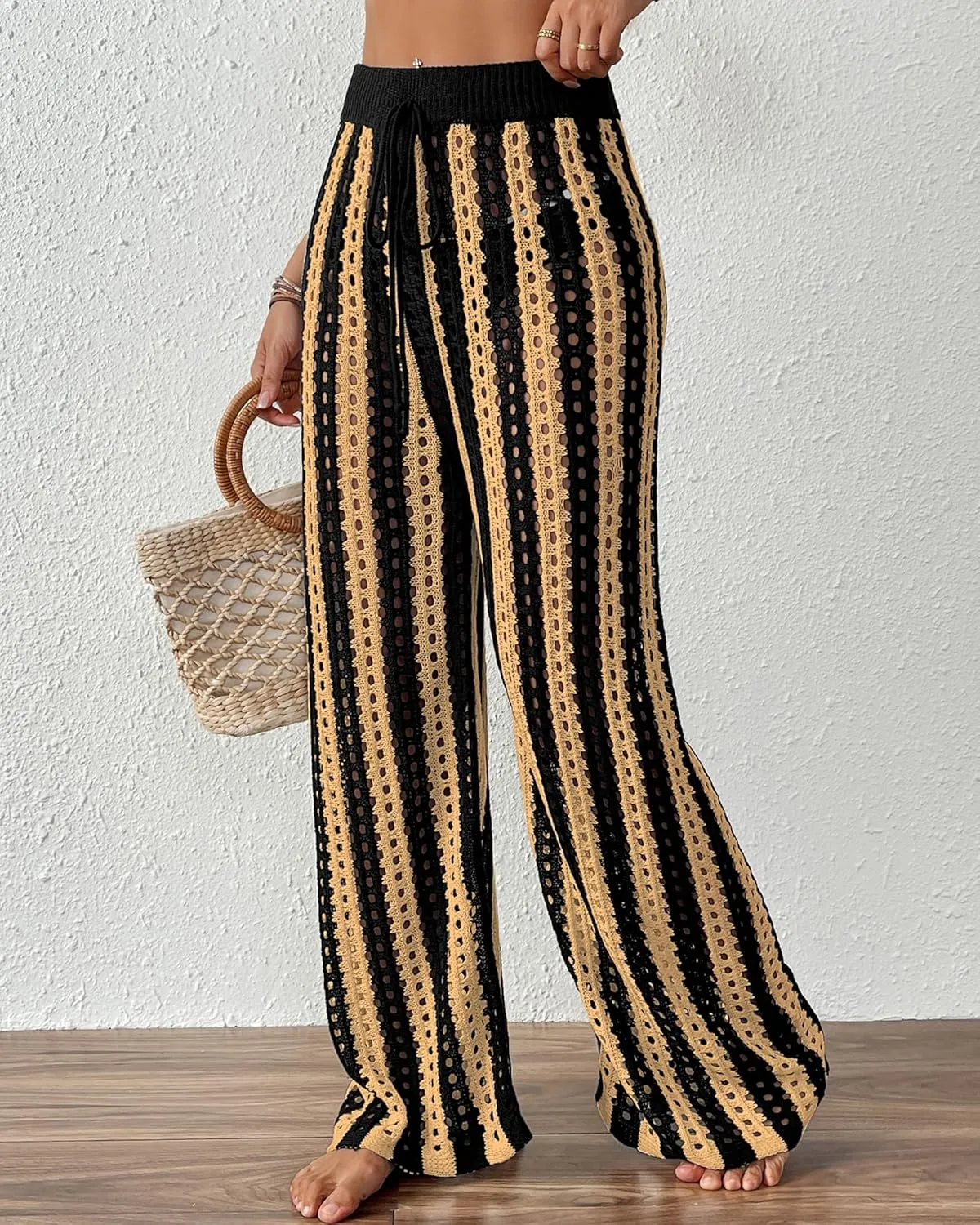 Bsubseach Womens Crochet Pants Beach Swimsuit Coverup Striped Wide Leg Pant Mesh Knit Cover up 2025 Summer Vacation Outfits