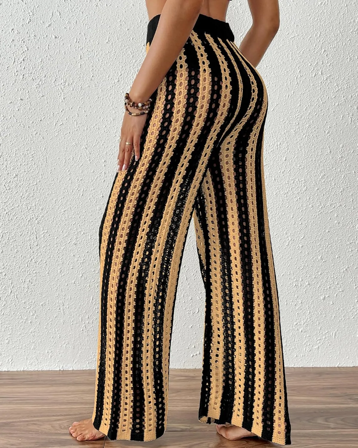Bsubseach Womens Crochet Pants Beach Swimsuit Coverup Striped Wide Leg Pant Mesh Knit Cover up 2025 Summer Vacation Outfits