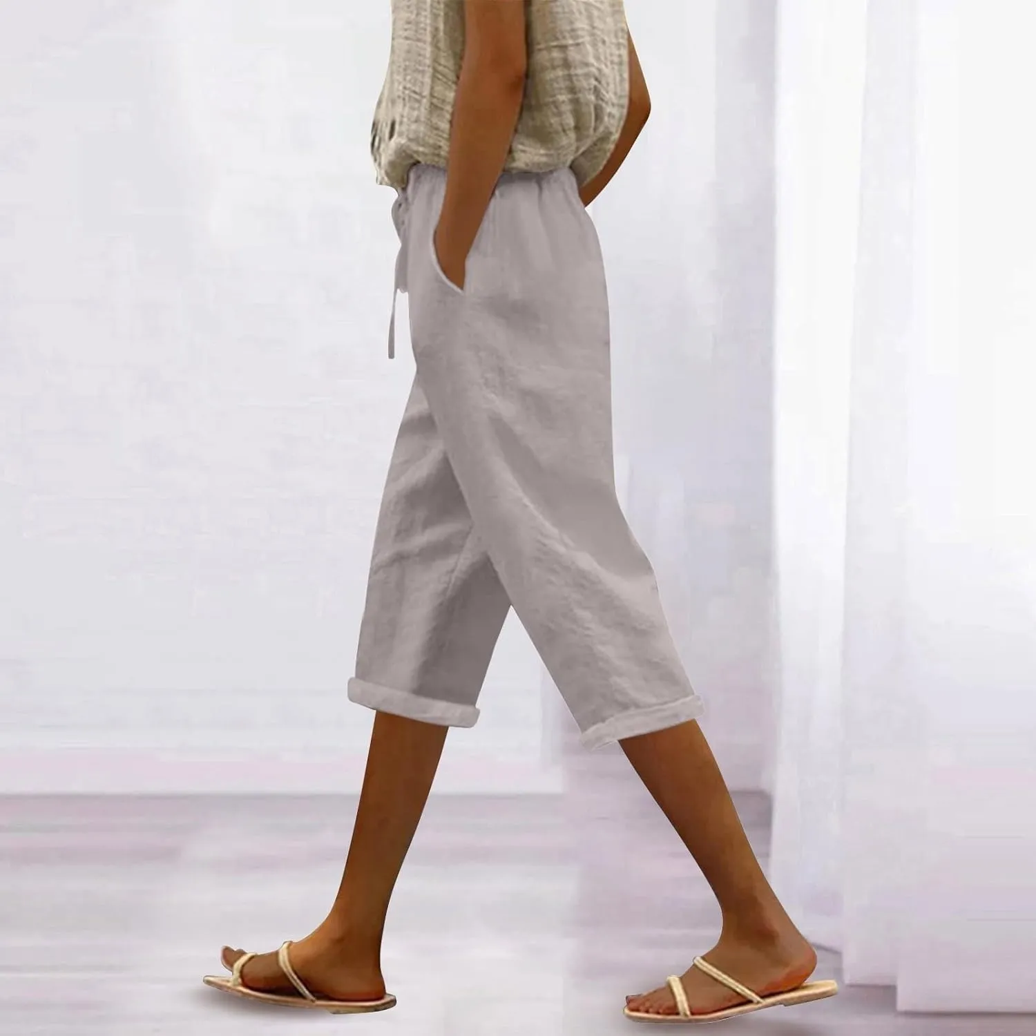 Capri Linen Pants for Women Summer Casual Lightweight Cropped Pant Plus Size Drawstring Trousers with Pockets