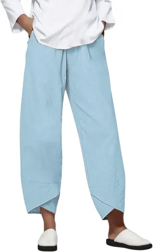 Capri Linen Pants for Women Summer Casual Wide Leg Pants Loose Fit Palazzo Pants Elastic Waist Cropped Trousers