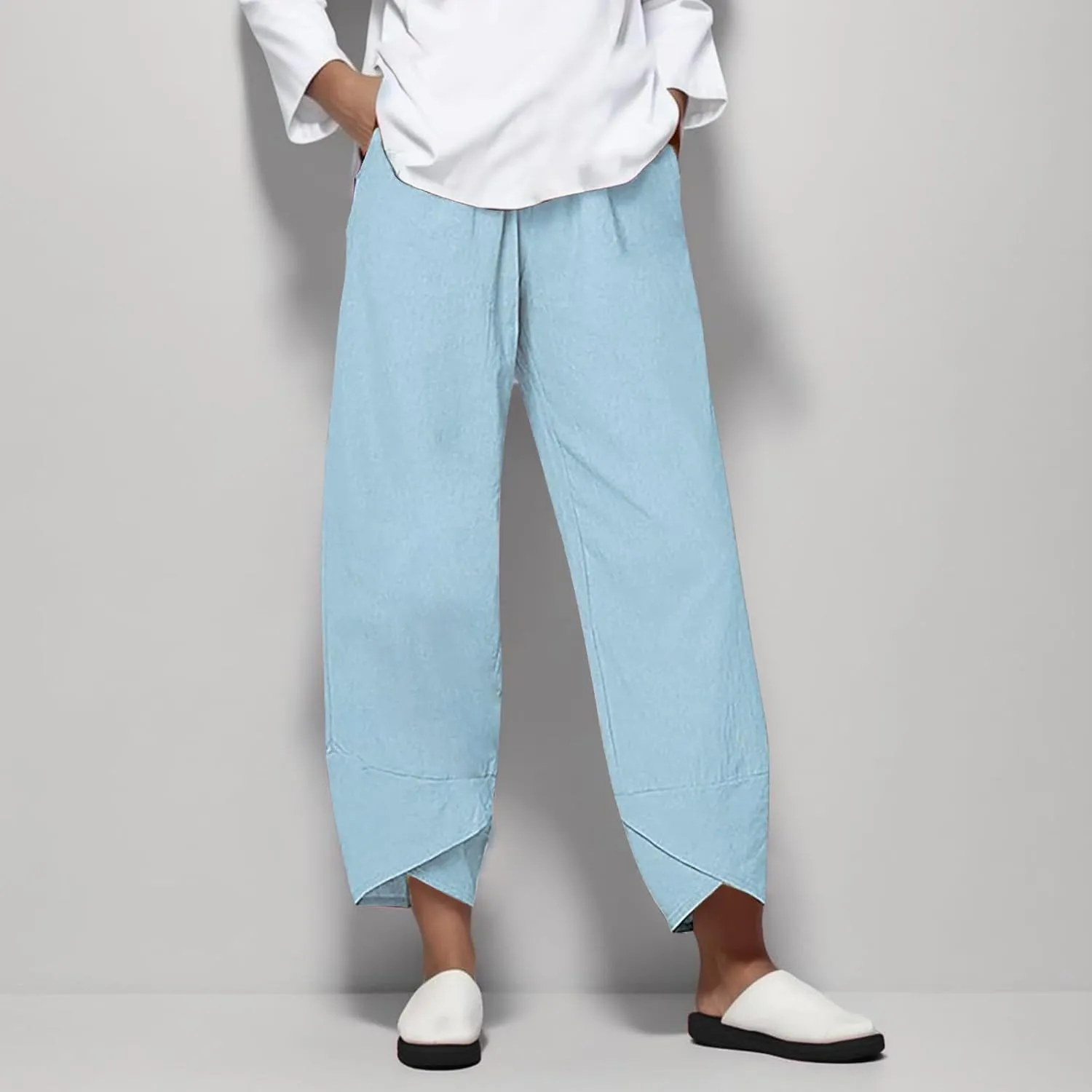 Capri Linen Pants for Women Summer Casual Wide Leg Pants Loose Fit Palazzo Pants Elastic Waist Cropped Trousers