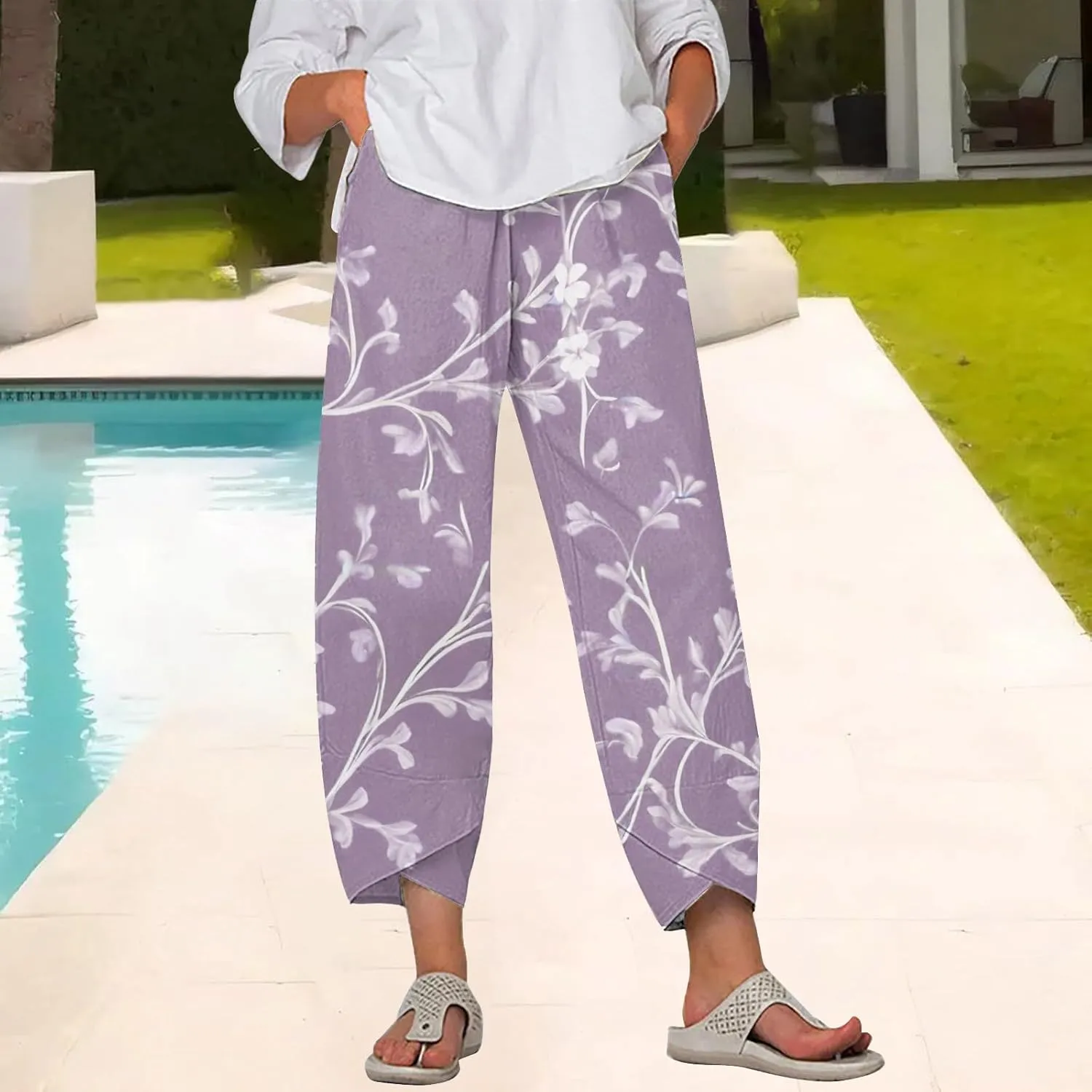 Capri Linen Pants for Women Summer Casual Wide Leg Pants Loose Fit Palazzo Trousers Elastic Waist Cropped Trousers