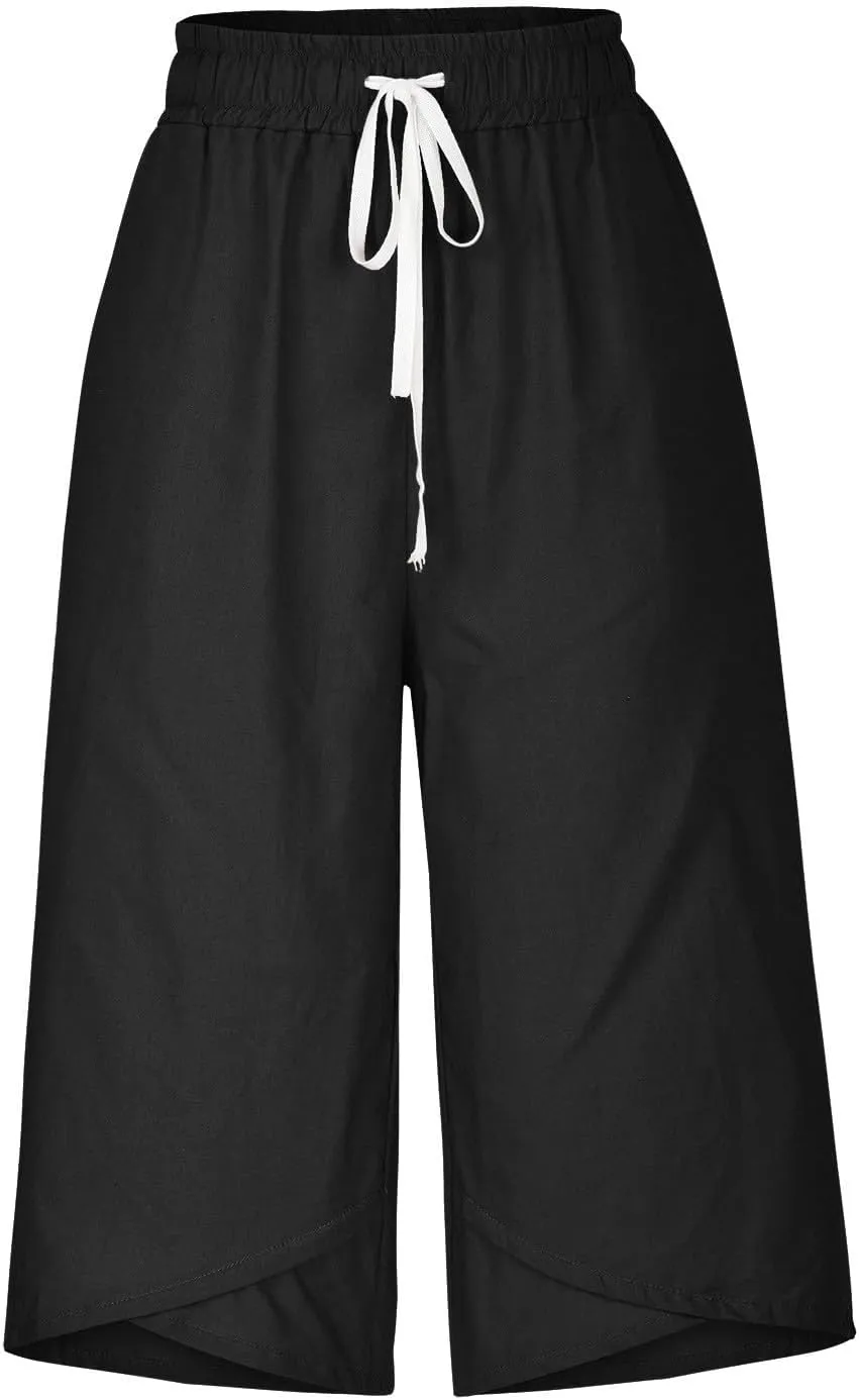 Capri Linen Pants Women Wide Leg Casual Summer Palazzo Pant Drawstring Elastic Waist Lounge Beach Trouser with Pocket