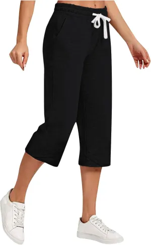 Capri Linen Pants Women Wide Leg Casual Summer Palazzo Pant Drawstring Elastic Waist Lounge Beach Trouser with Pocket