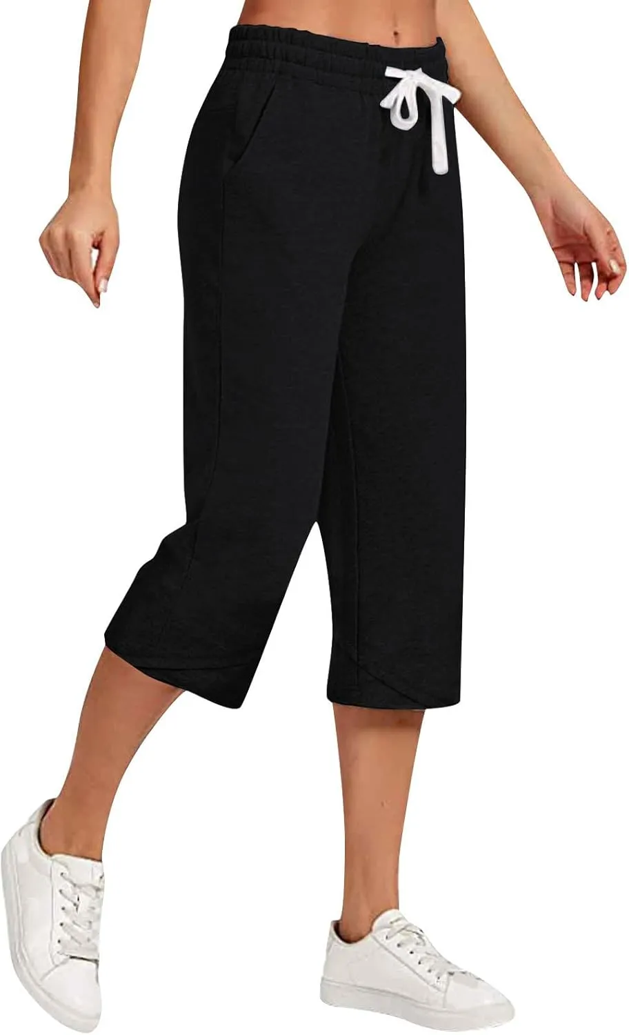 Capri Linen Pants Women Wide Leg Casual Summer Palazzo Pant Drawstring Elastic Waist Lounge Beach Trouser with Pocket