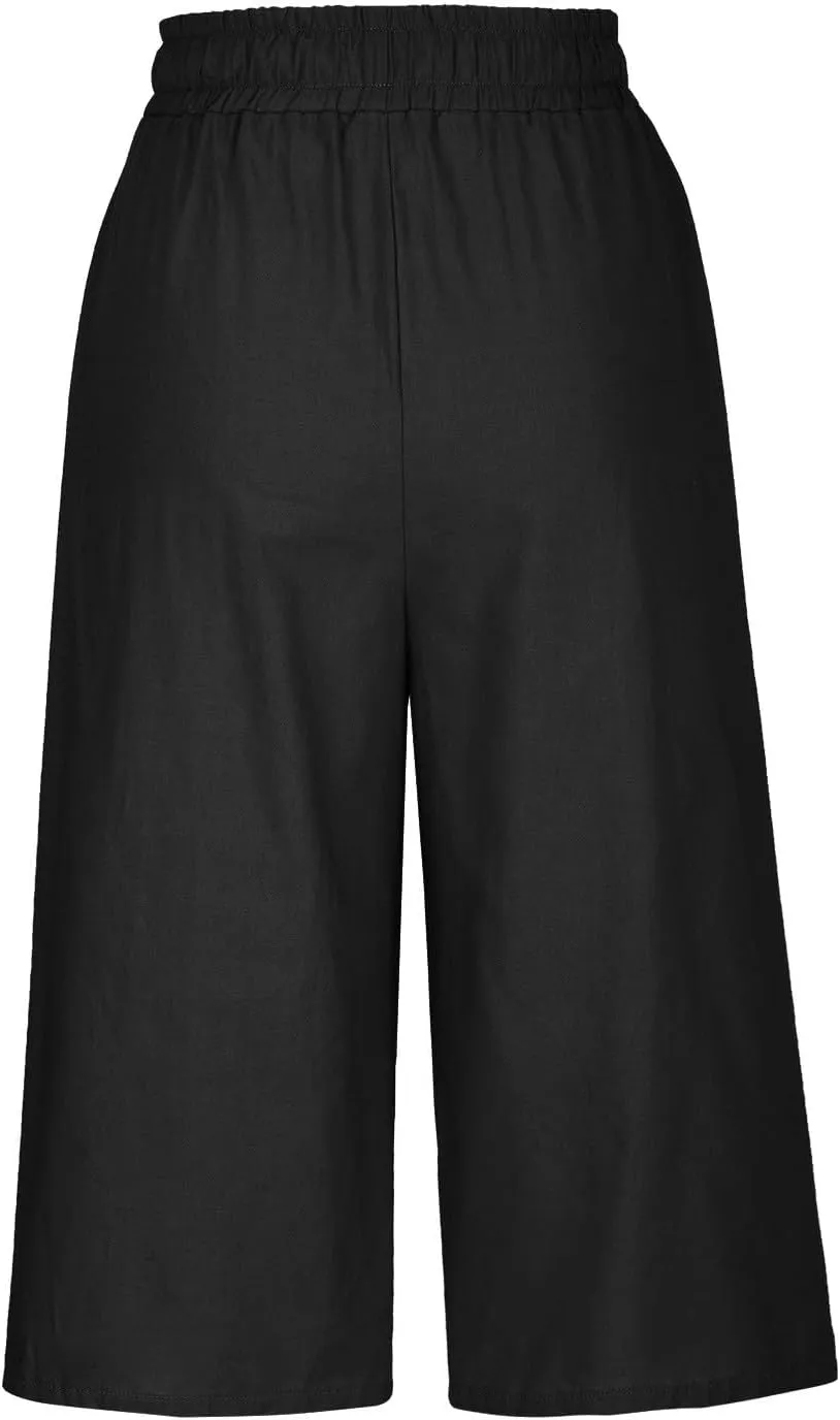 Capri Linen Pants Women Wide Leg Casual Summer Palazzo Pant Drawstring Elastic Waist Lounge Beach Trouser with Pocket