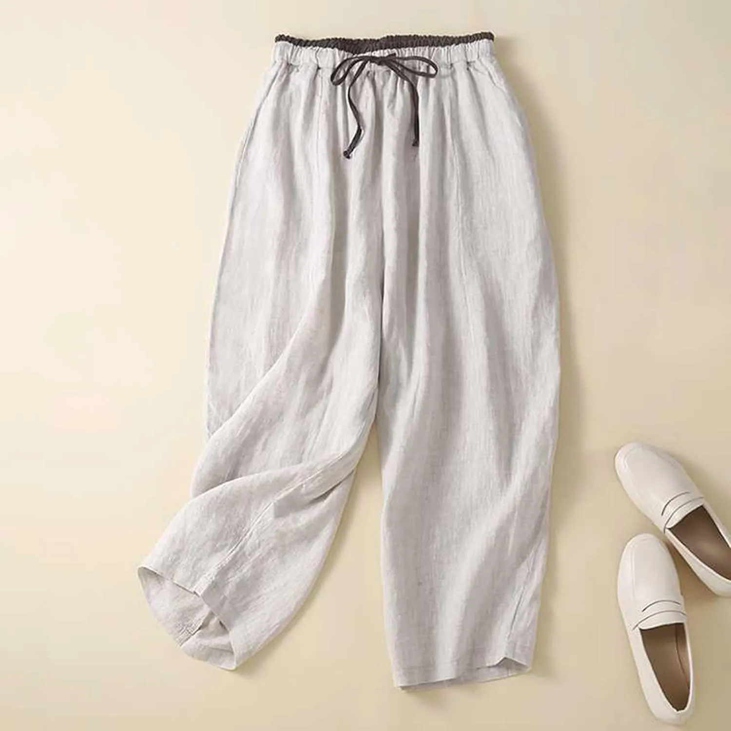 Capri Pants for Women 2025 Cropped Drawstring Linen Pants High Waist Casual Wide Leg Palazzo Trouser with Pockets