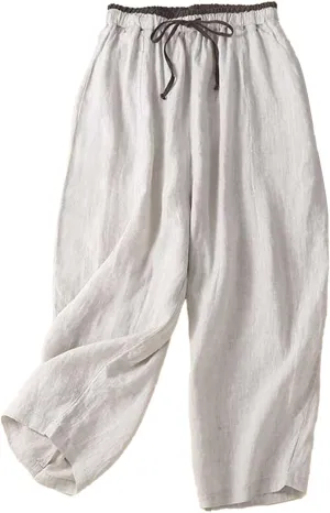 Capri Pants for Women 2025 Cropped Drawstring Linen Pants High Waist Casual Wide Leg Palazzo Trouser with Pockets