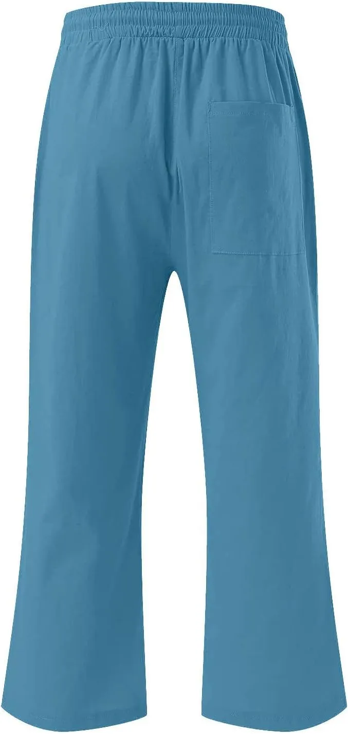 Capri Pants for Women Casual 2024 Summer Drawstring Elastic High Waist Linen Pants Wide Leg Plus Size Lounge Capris