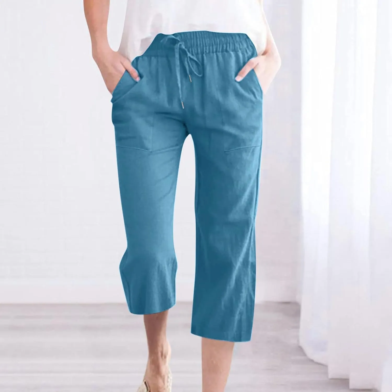 Capri Pants for Women Casual 2024 Summer Drawstring Elastic High Waist Linen Pants Wide Leg Plus Size Lounge Capris