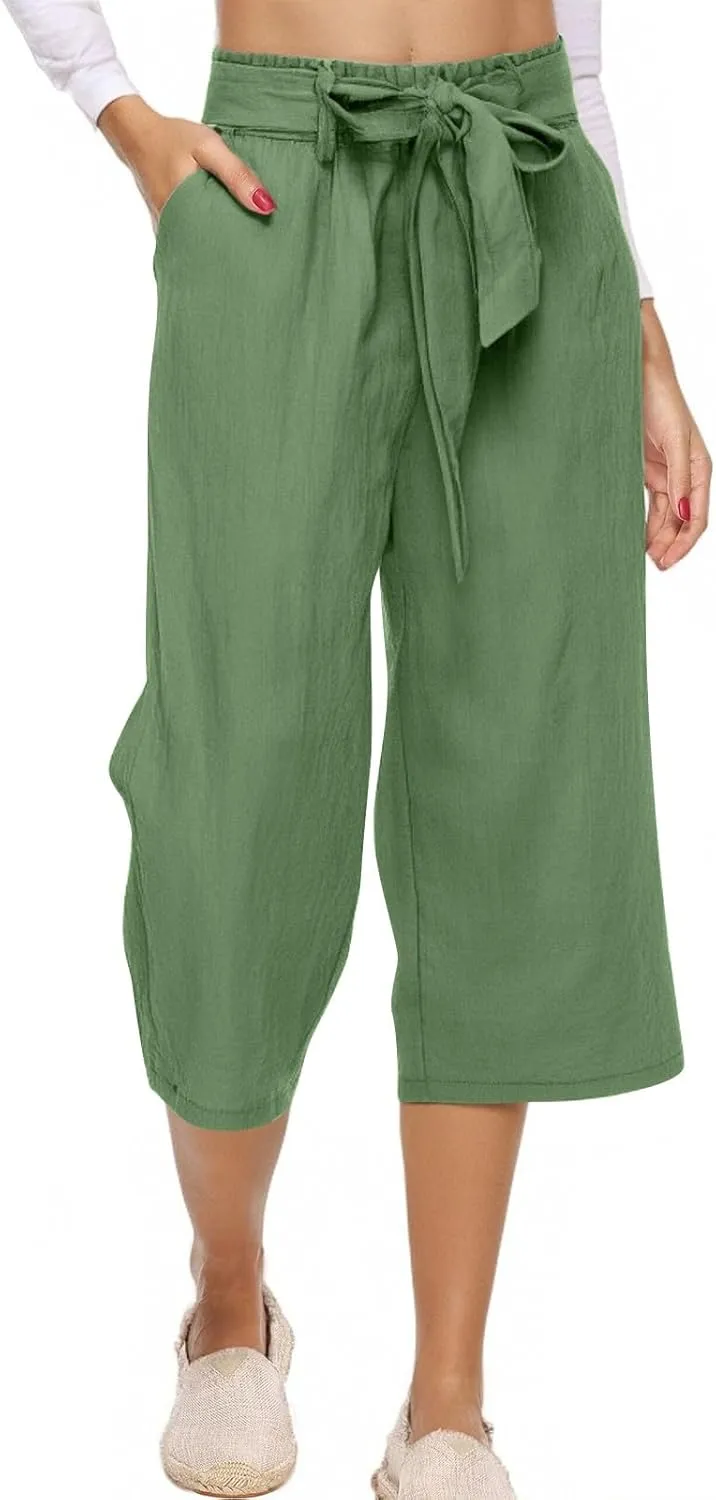 Capri Pants for Women Casual Cotton Linen Capris Summer 2025 Straight Leg Drawstring Elastic Waist Cropped Trouser