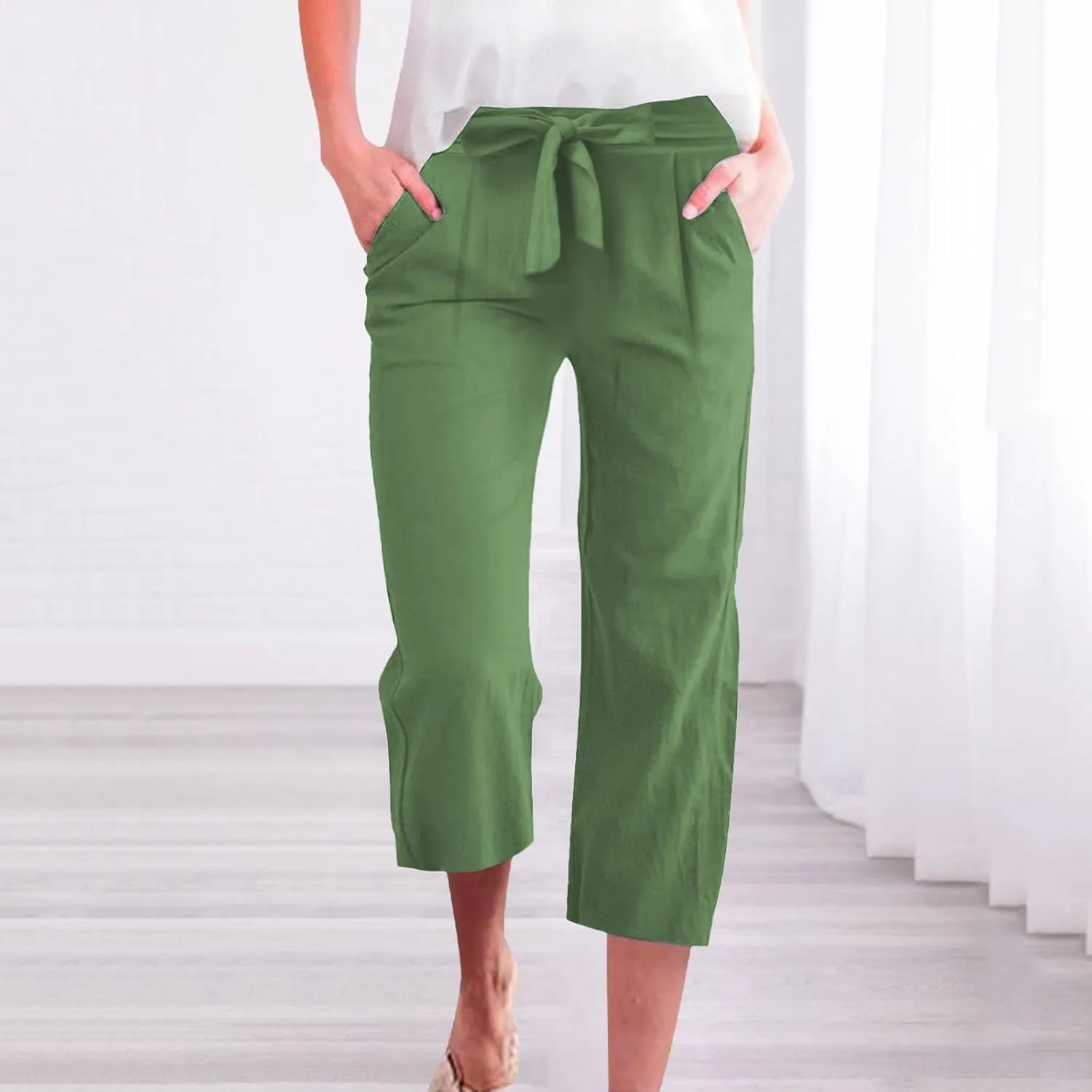 Capri Pants for Women Casual Cotton Linen Capris Summer 2025 Straight Leg Drawstring Elastic Waist Cropped Trouser
