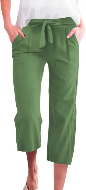 Capri Pants for Women Casual Cotton Linen Capris Summer 2025 Straight Leg Drawstring Elastic Waist Cropped Trouser