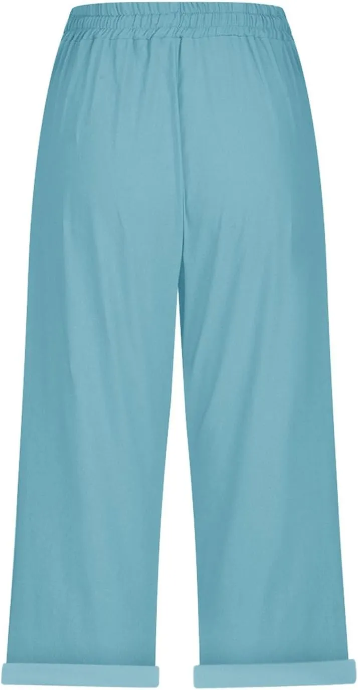 Capri Pants for Women Casual Summer Drawstring Elastic High Waist Linen Pant Straight Wide Leg Cropped Trouser