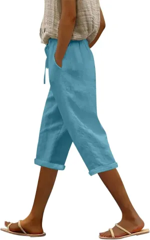 Capri Pants for Women Casual Summer Drawstring Elastic High Waist Linen Pant Straight Wide Leg Cropped Trouser