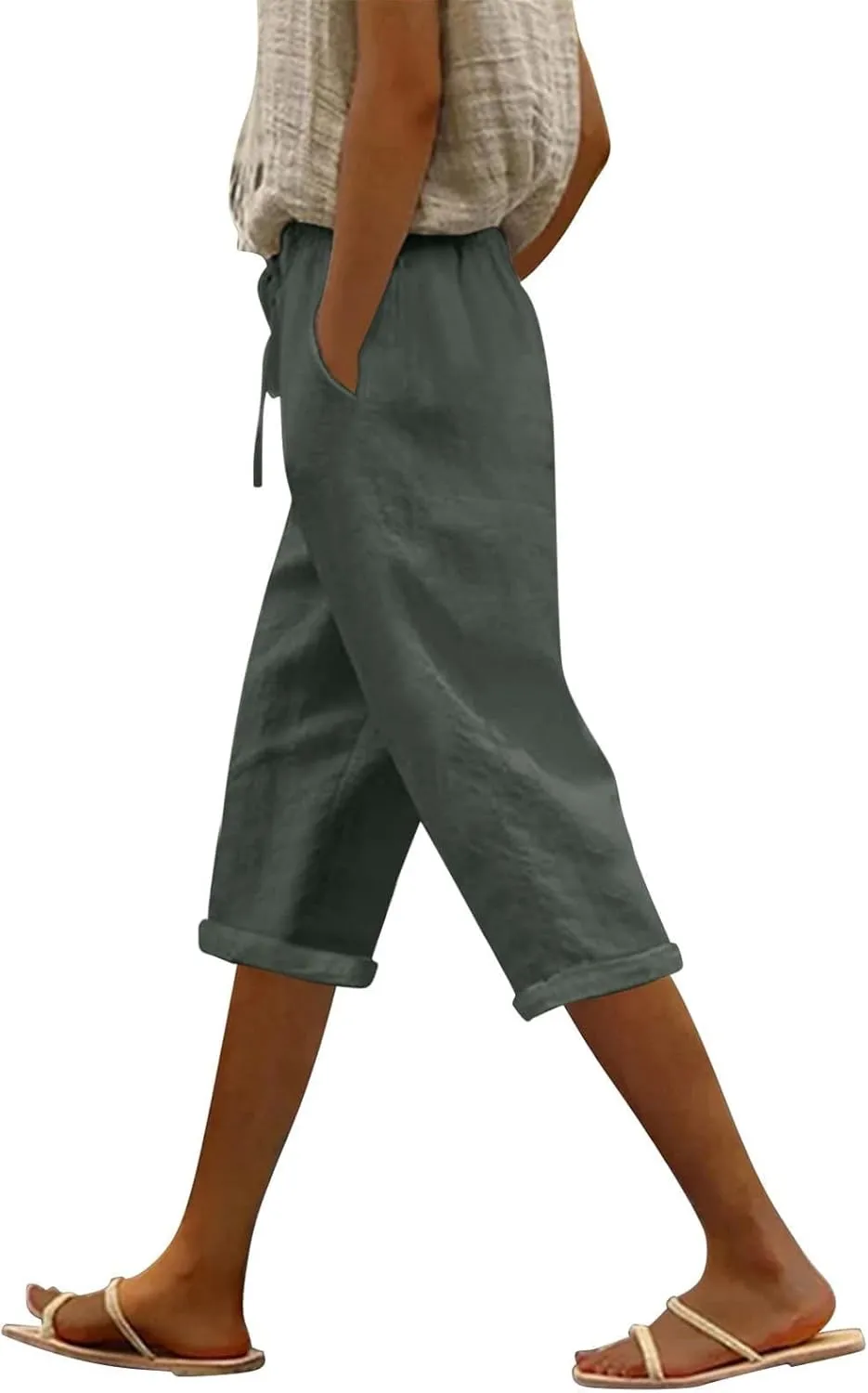 Capri Pants for Women Casual Summer Drawstring Elastic High Waist Linen Pant Straight Wide Leg Cropped Trouser