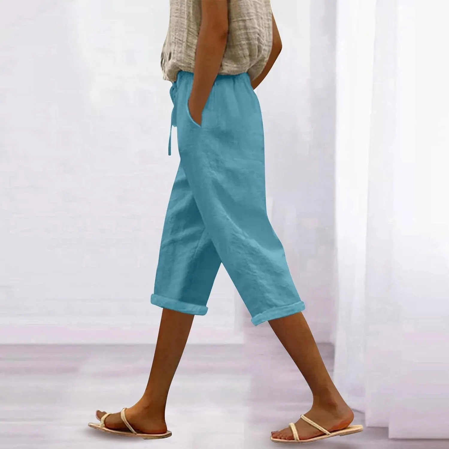 Capri Pants for Women Casual Summer Drawstring Elastic High Waist Linen Pant Straight Wide Leg Cropped Trouser