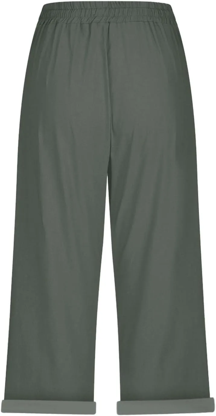 Capri Pants for Women Casual Summer Drawstring Elastic High Waist Linen Pant Straight Wide Leg Cropped Trouser