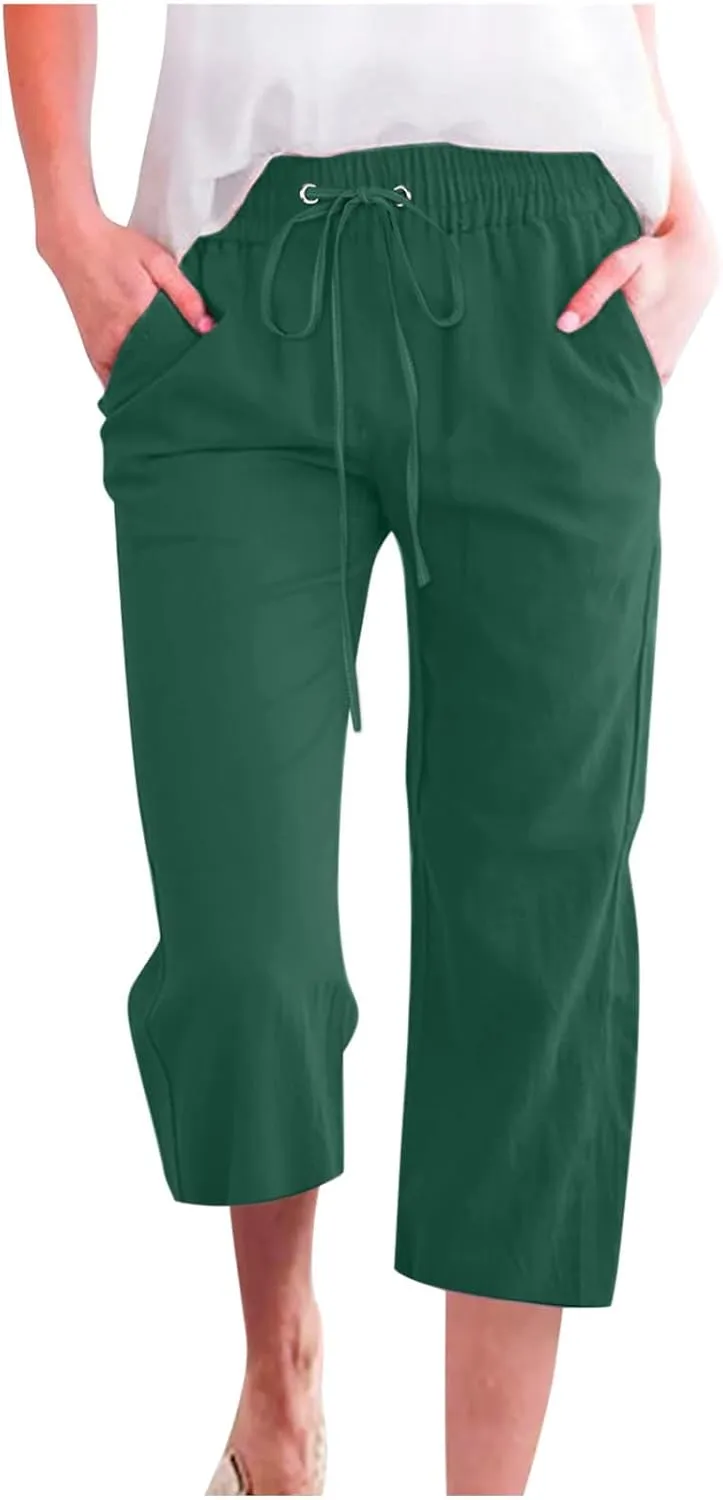 Capri Pants for Women Plus Size Linen Pant with Pockets Drawstring Cropped Trousers Casual Elastic Waist Pant 2025