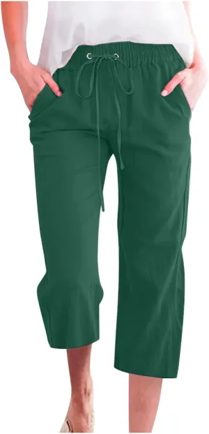 Capri Pants for Women Plus Size Linen Pant with Pockets Drawstring Cropped Trousers Casual Elastic Waist Pant 2025