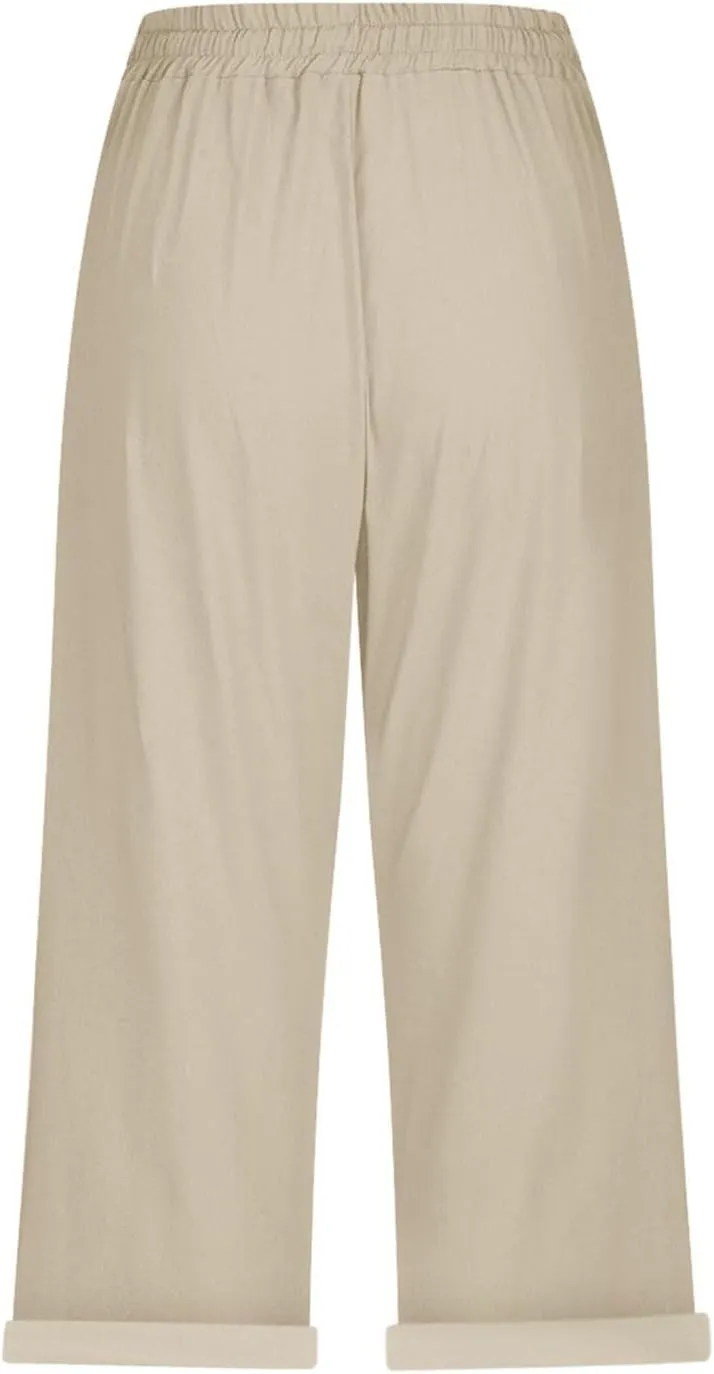 Capri Pants for Women Summer Casual Drawstring Elastic High Waist Linen Pant Straight Wide Leg Cropped Trouser