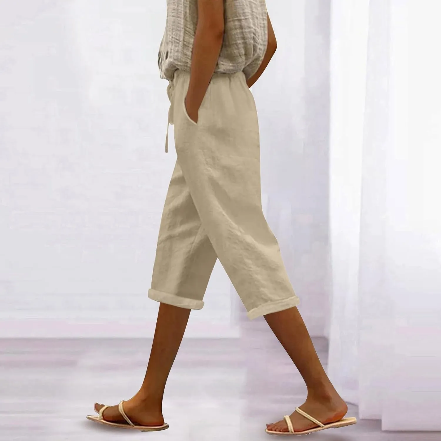 Capri Pants for Women Summer Casual Drawstring Elastic High Waist Linen Pant Straight Wide Leg Cropped Trouser