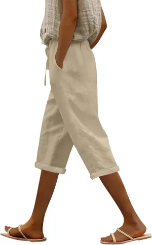 Capri Pants for Women Summer Casual Drawstring Elastic High Waist Linen Pant Straight Wide Leg Cropped Trouser