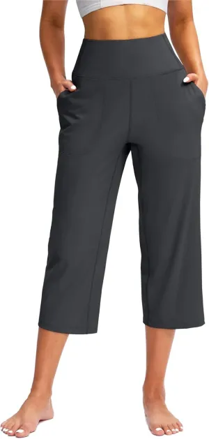 Capri Yoga Pants for Women Stretch High Waisted Wide Leg Pull on Capris Workout Athletic Work Pants with Pockets
