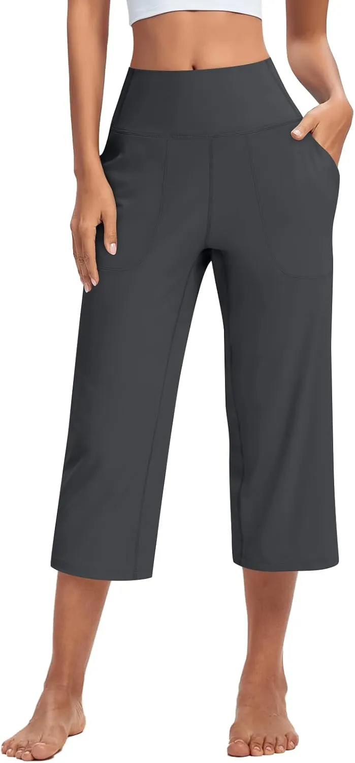 Capri Yoga Pants for Women Stretch High Waisted Wide Leg Pull on Capris Workout Athletic Work Pants with Pockets
