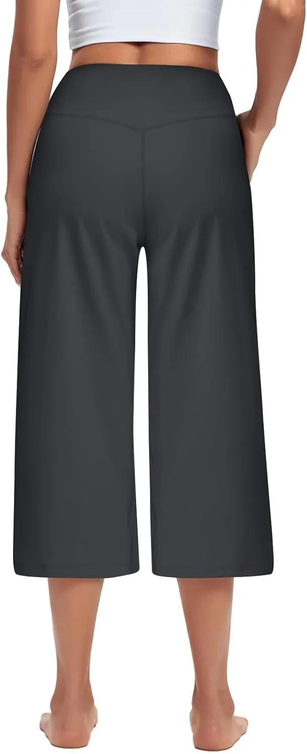 Capri Yoga Pants for Women Stretch High Waisted Wide Leg Pull on Capris Workout Athletic Work Pants with Pockets