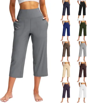Capris for Women High Waisted Tummy Control Athletic Capri Leggings Cropped Dress Wide Leg Yoga Pants with Pockets