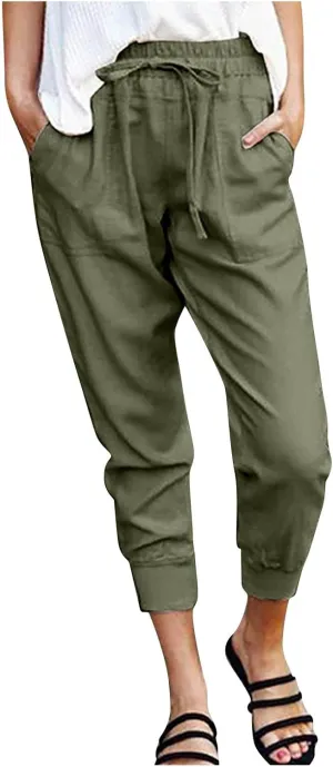 Capris Linen Pants Women Summer High Waisted Drawstring Baggy Tapered Ankle Trousers Fit Lounge Pants with Pockets
