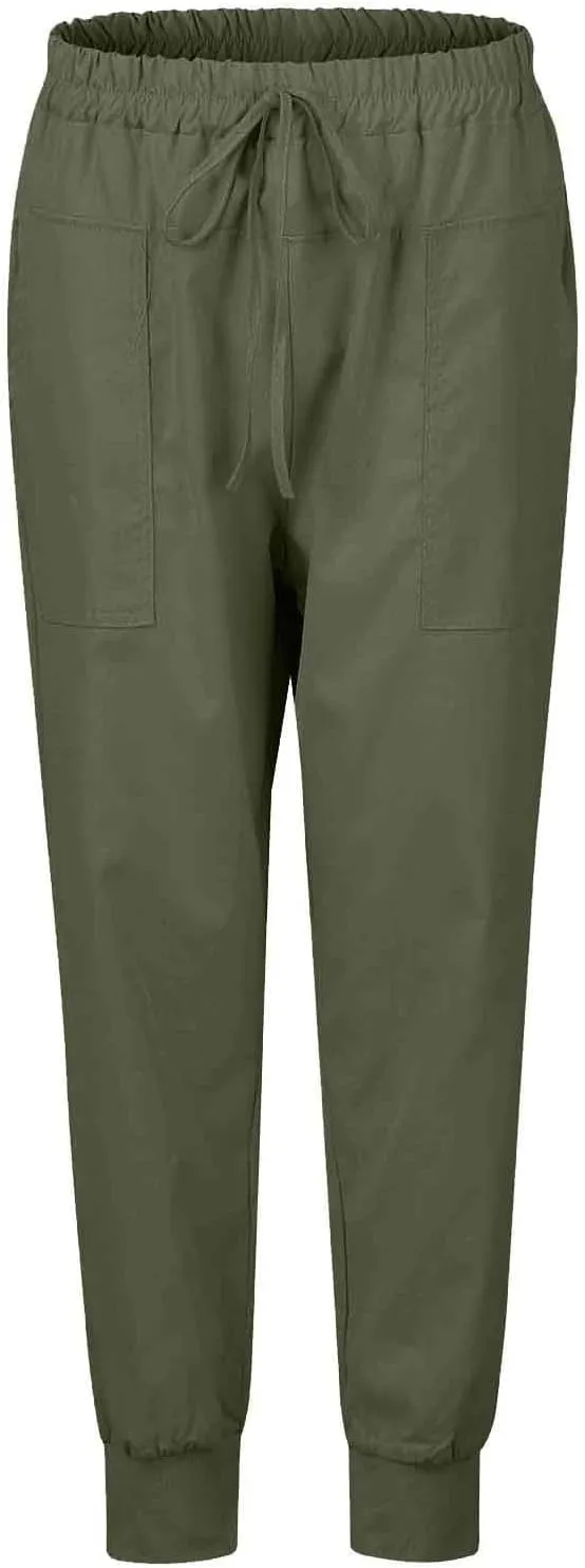 Capris Linen Pants Women Summer High Waisted Drawstring Baggy Tapered Ankle Trousers Fit Lounge Pants with Pockets