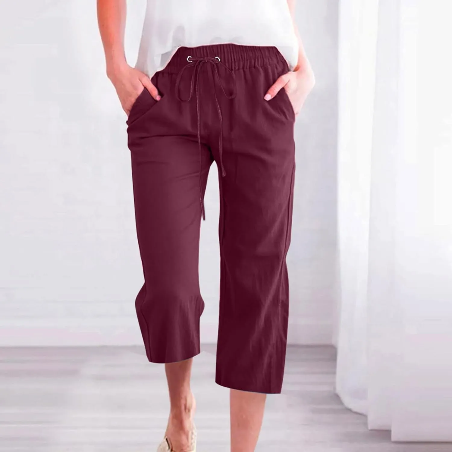 Capris Pants for Women Cotton Linen Casual Summer Plus Size Wide Leg Loose Drawstring Elastic Waist Cropped Trousers