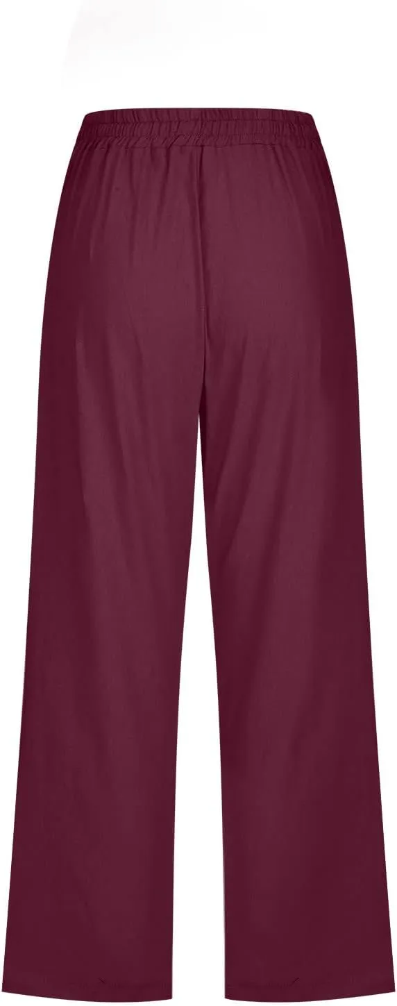 Capris Pants for Women Cotton Linen Casual Summer Plus Size Wide Leg Loose Drawstring Elastic Waist Cropped Trousers