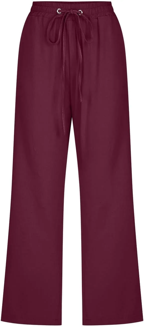 Capris Pants for Women Cotton Linen Casual Summer Plus Size Wide Leg Loose Drawstring Elastic Waist Cropped Trousers