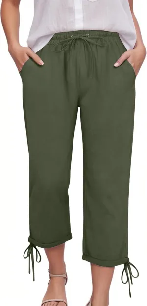 Capris Pants for Women Cotton Linen Casual Summer Wide Leg Loose Drawstring Elastic Waist Cropped Trouser S-XXL