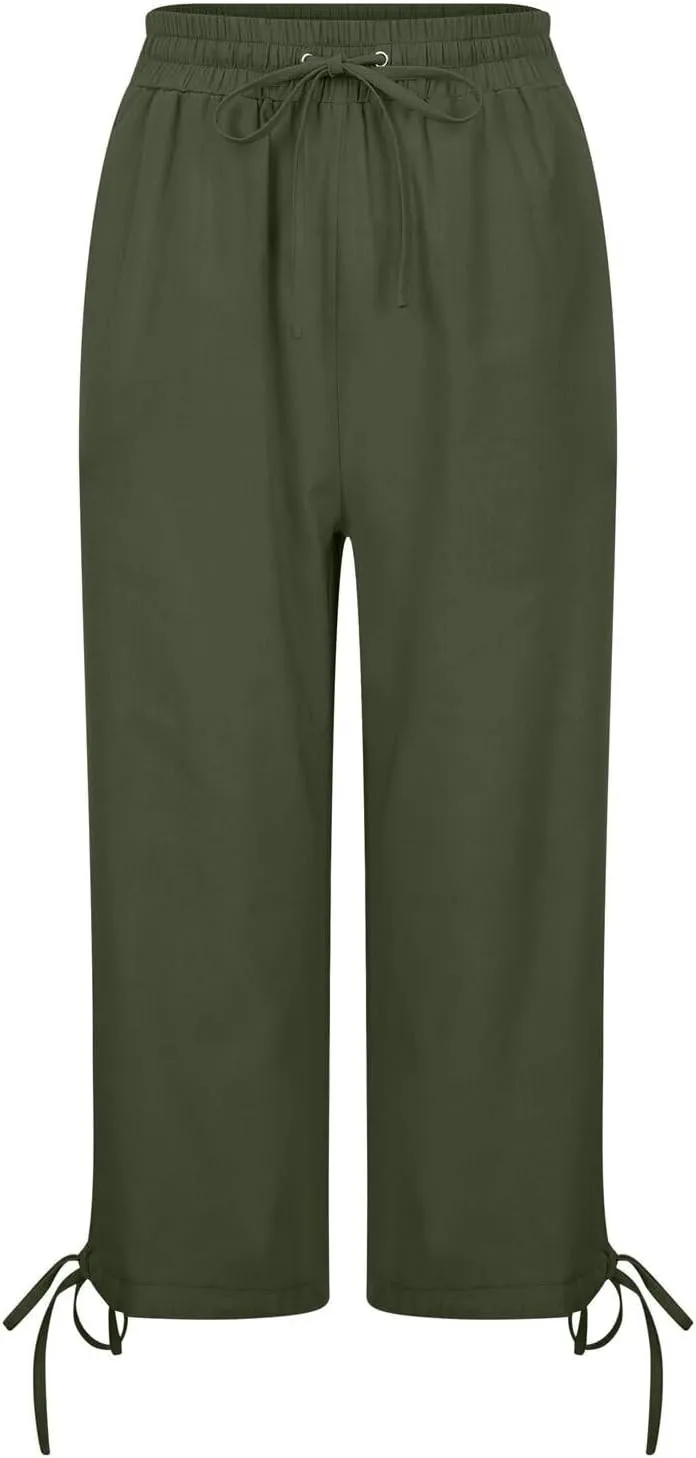 Capris Pants for Women Cotton Linen Casual Summer Wide Leg Loose Drawstring Elastic Waist Cropped Trouser S-XXL