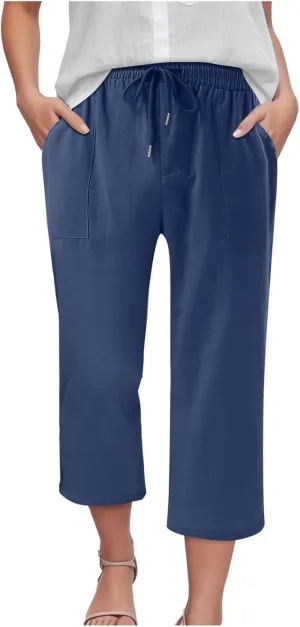 Capris Pants for Women Cotton Linen Casual Summer Wide Leg Loose Drawstring Elastic Waist Cropped Trouser S-XXL