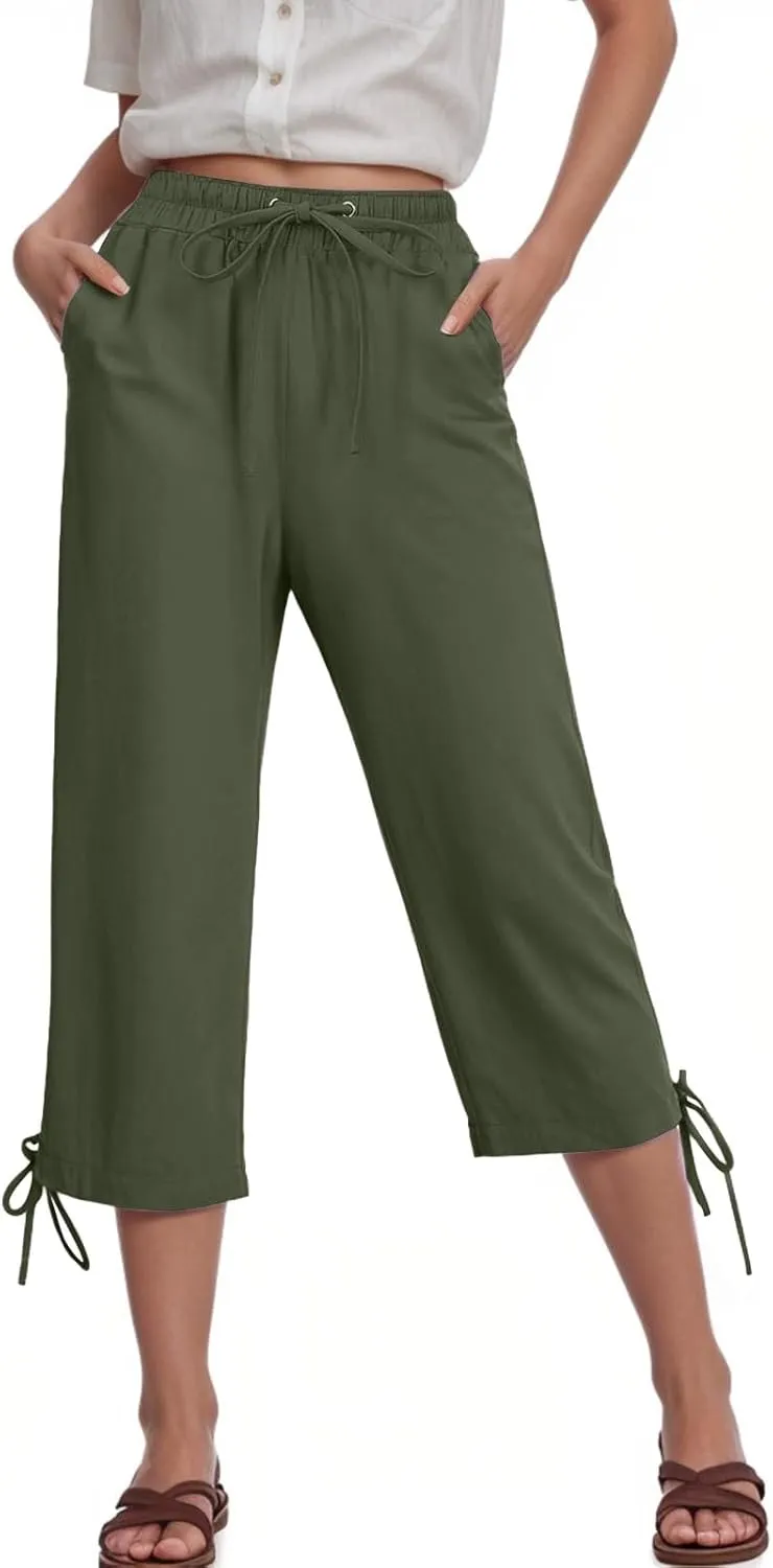 Capris Pants for Women Cotton Linen Casual Summer Wide Leg Loose Drawstring Elastic Waist Cropped Trouser S-XXL