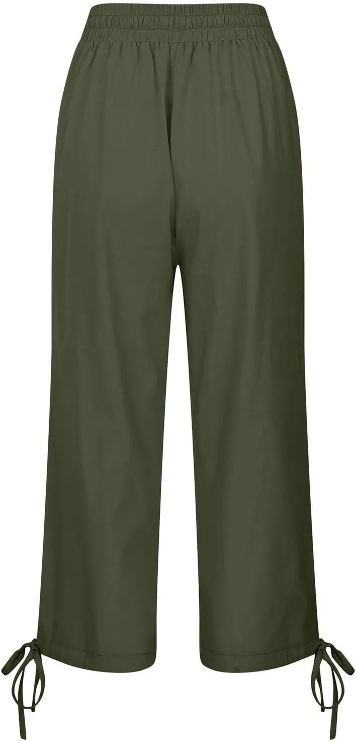 Capris Pants for Women Cotton Linen Casual Summer Wide Leg Loose Drawstring Elastic Waist Cropped Trouser S-XXL