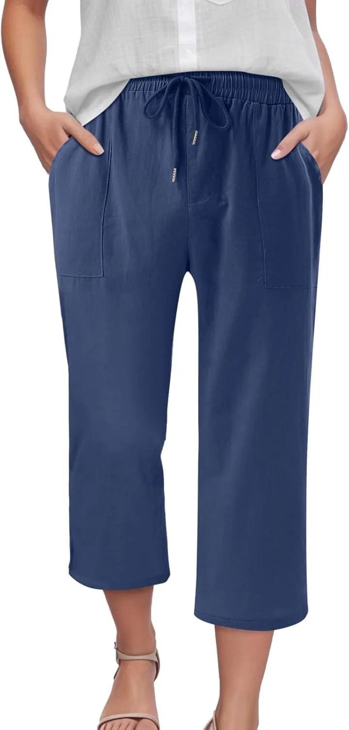 Capris Pants for Women Cotton Linen Casual Summer Wide Leg Loose Drawstring Elastic Waist Cropped Trouser S-XXL