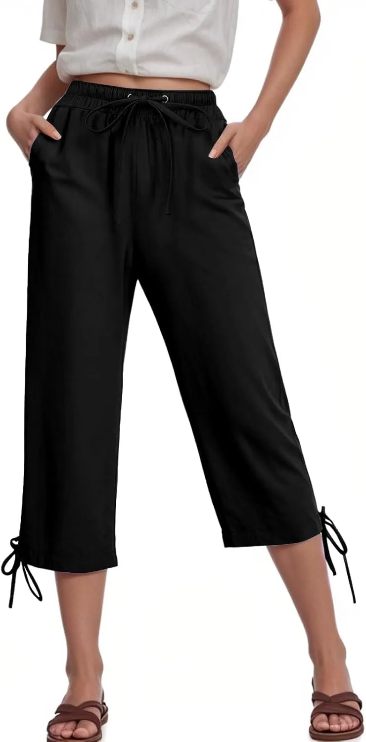 Capris Pants for Women Cotton Linen Casual Summer Wide Leg Loose Drawstring Elastic Waist Cropped Trouser S-XXL
